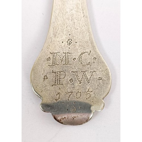 48 - A rare late 17th century lace back trefid silver spoon, initialled and dated 1705, IH crowned makers... 