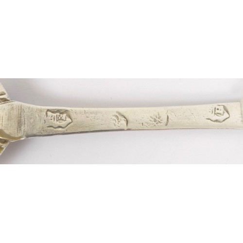 48 - A rare late 17th century lace back trefid silver spoon, initialled and dated 1705, IH crowned makers... 