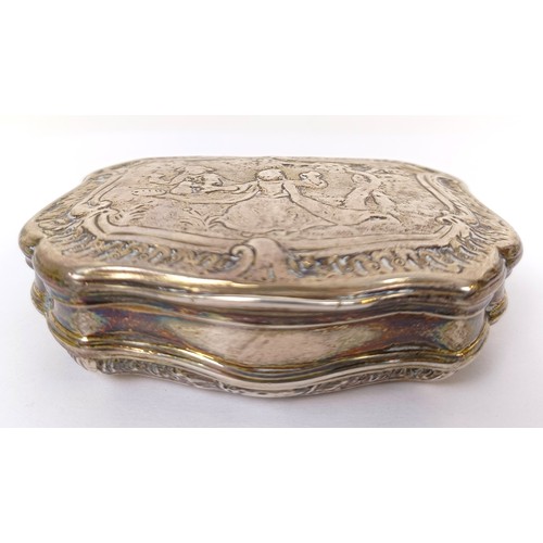 447 - A Continental silver coloured metal snuff box, of shaped rectangular form, embossed figures , 2.4 oz... 