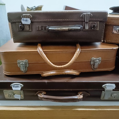 568 - A vintage leather suitcase, 58 cm wide, other cases, a metal bound barrel, 40 cm high, two buckets, ... 