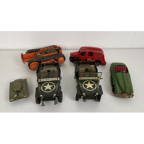 4 - An Arnold wind up tinplate American jeep, another, and assorted play worn toy cars (box)