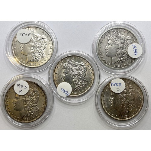 76 - Five American Morgan dollars, 1883-1886