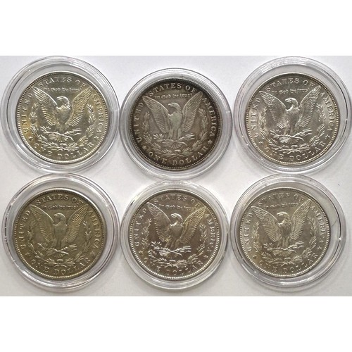 79 - Six American Morgan dollars, 1887-1891, and 1921