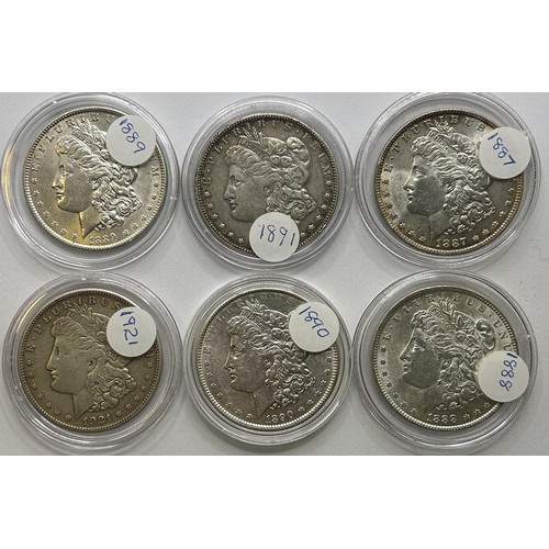 79 - Six American Morgan dollars, 1887-1891, and 1921