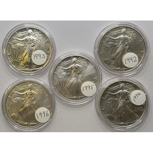 81 - Five American Liberty dollars, 1992-1996