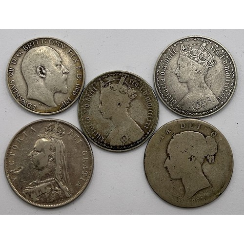 85 - A Queen Victoria Gothic florin, 1881, another, 1880, two other florins and a half crown (5)