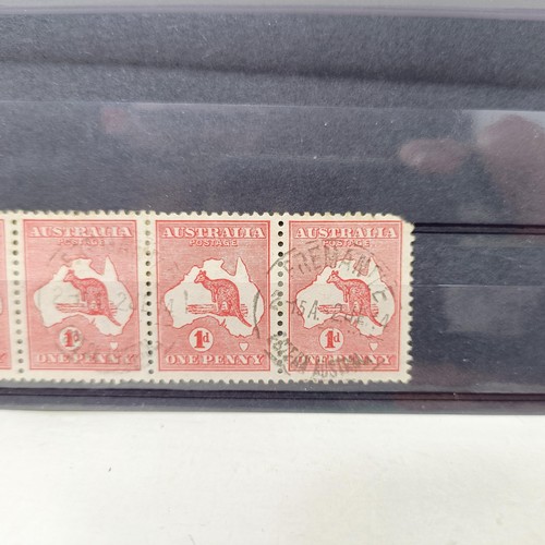 220 - Australia- 1913 1d carmine used strip of four cancelled with the Freemantle cds with watermark inver... 