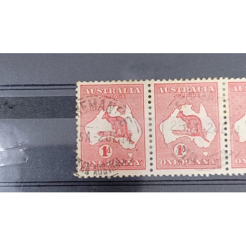 220 - Australia- 1913 1d carmine used strip of four cancelled with the Freemantle cds with watermark inver... 