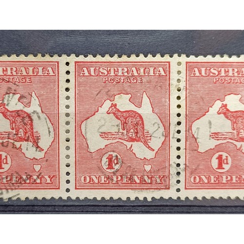 220 - Australia- 1913 1d carmine used strip of four cancelled with the Freemantle cds with watermark inver... 