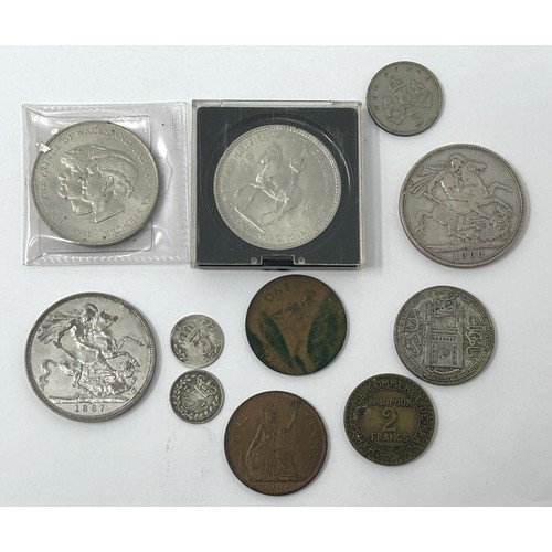 96 - Three crowns, 1889, 1935 and 1937, other assorted coins and a small group of stamps