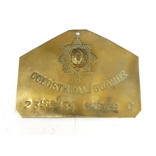 250 - A Coldstream Guards brass bed plaque, 23969434 Barker C, a pair of Zenith 7 x 50 binoculars, cased, ... 