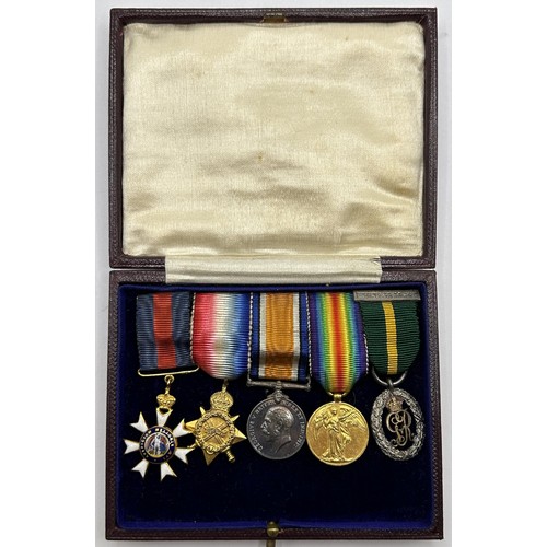 301 - A group of five miniature medals, including a 1914-15 Star Trio, in a case