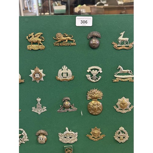 306 - A collection of military badges, including Scottish and Irish regiments, mounted on a board