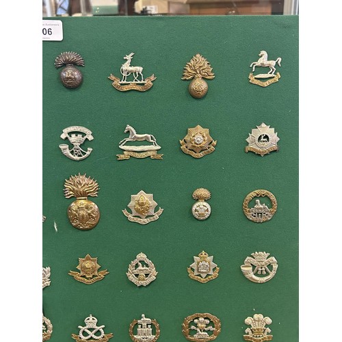 306 - A collection of military badges, including Scottish and Irish regiments, mounted on a board