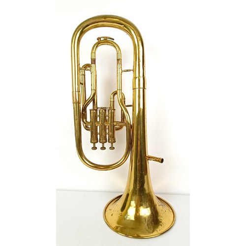 506 - A brass tenor horn, by Renown, London, with a leather case