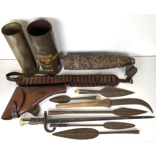 304 - A leather pistol holster, Wilmot Bennett, Walsall, 1914, a group of spearheads, a bayonet and other ... 