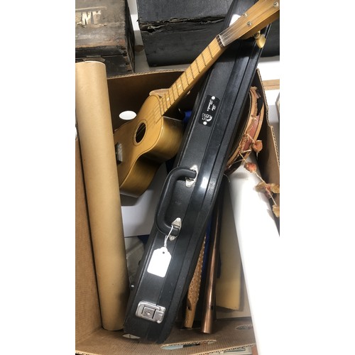 513 - A student violin and bow, cased, and a box of other musical items