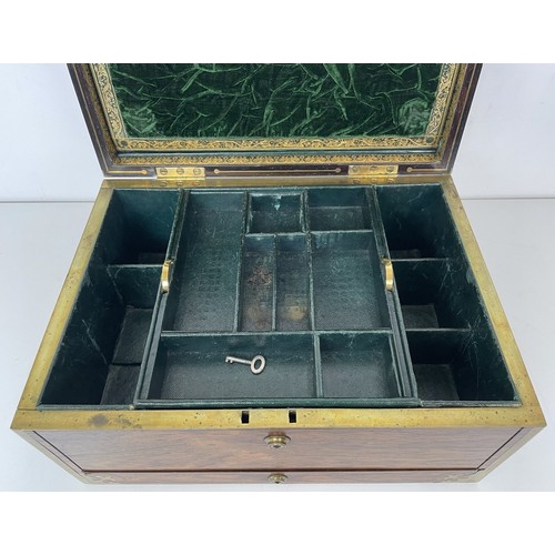 554 - A 19th century rosewood and brass bound jewellery box, the hinged top to reveal a mirror and two fit... 