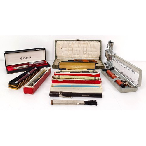 644 - A Swan fountain pen, boxed, assorted other pens and related items (box)