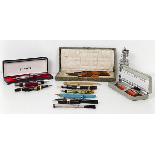 644 - A Swan fountain pen, boxed, assorted other pens and related items (box)