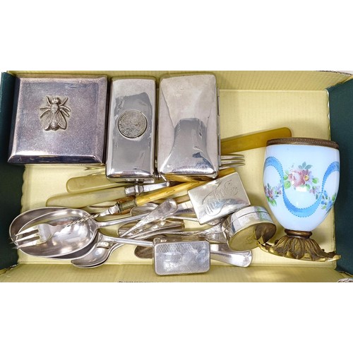 718 - A set of six sterling silver coffee spoons, a silver plated box, decorated bee, a stamp box, and ass... 