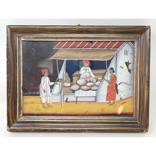 564 - An Indian picture of a market, 15 x 11 cm, and another of two figures (2)