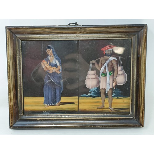 564 - An Indian picture of a market, 15 x 11 cm, and another of two figures (2)