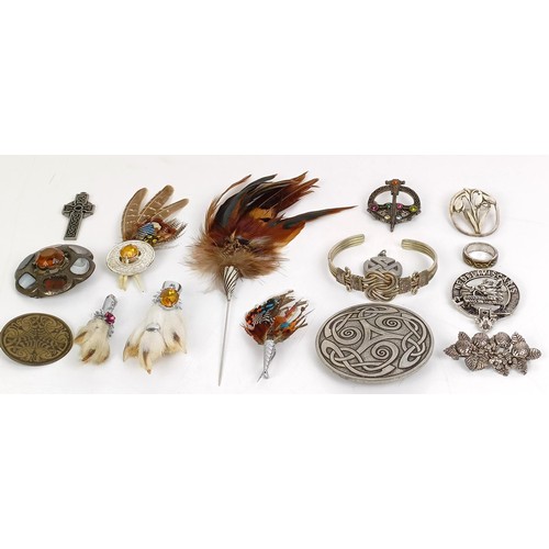 825 - A Celtic silver coloured metal, amber stone and multi-coloured hardstone brooch, and assorted other ... 