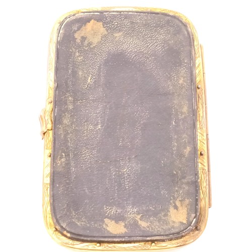 841 - A Victorian leather and brass purse, of rounded rectangular form, applied an oval porcelain plaque, ... 