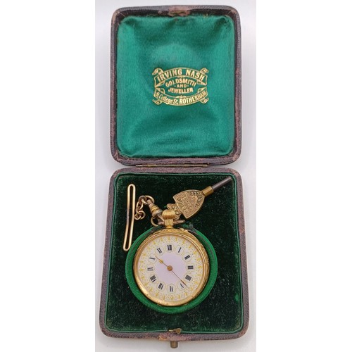 842 - A ladies 18ct gold open face fob watch, with a yellow metal clasp, with key, running, in a vintage j... 