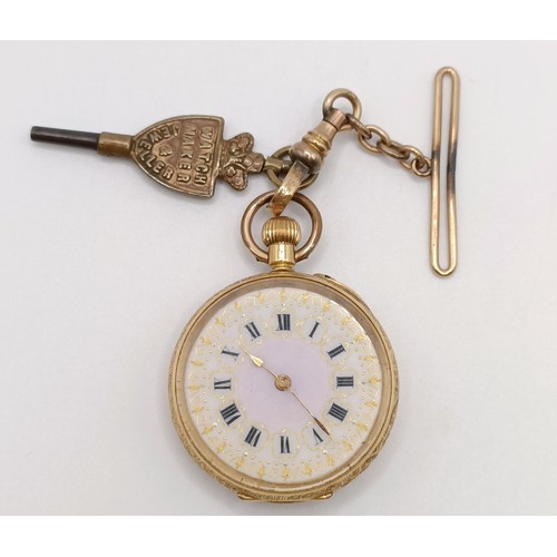 842 - A ladies 18ct gold open face fob watch, with a yellow metal clasp, with key, running, in a vintage j... 