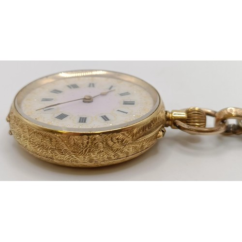 842 - A ladies 18ct gold open face fob watch, with a yellow metal clasp, with key, running, in a vintage j... 