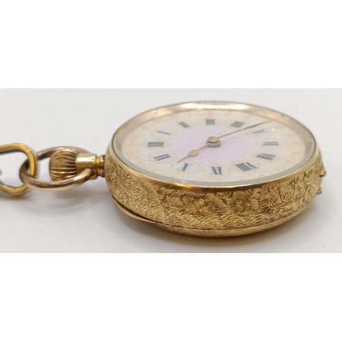 842 - A ladies 18ct gold open face fob watch, with a yellow metal clasp, with key, running, in a vintage j... 