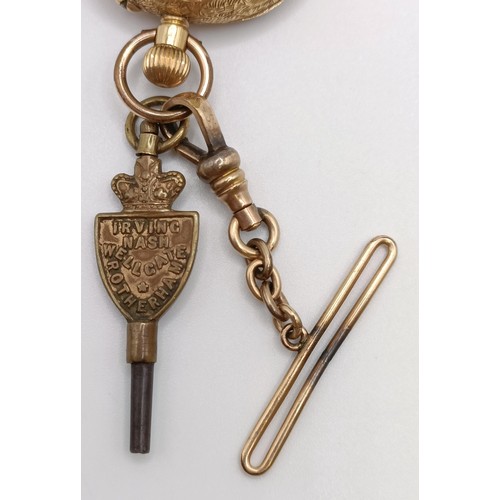 842 - A ladies 18ct gold open face fob watch, with a yellow metal clasp, with key, running, in a vintage j... 