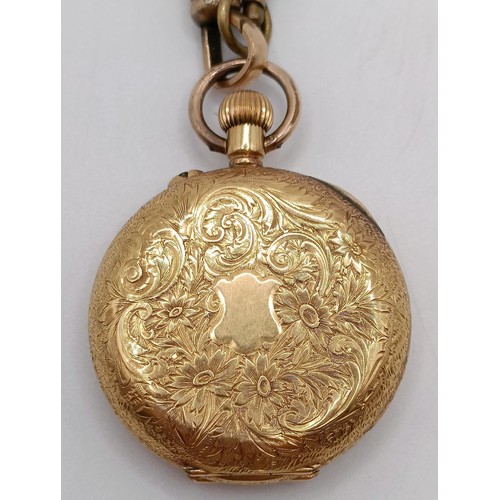 842 - A ladies 18ct gold open face fob watch, with a yellow metal clasp, with key, running, in a vintage j... 