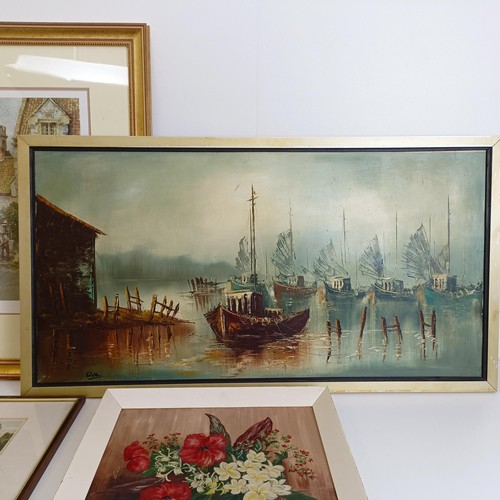 627 - Walter, river scene, oil on board, signed, 83 x 42 cm, a still life, two prints (4) Provenance: Sold... 