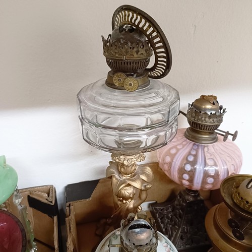 597 - Assorted Victorian and later table lustres, and oil lamps (2 boxes)