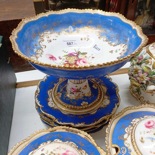 587 - A 19th century bowl on stand with a blue border, decorated flowers, highlighted in gilt, and other s... 