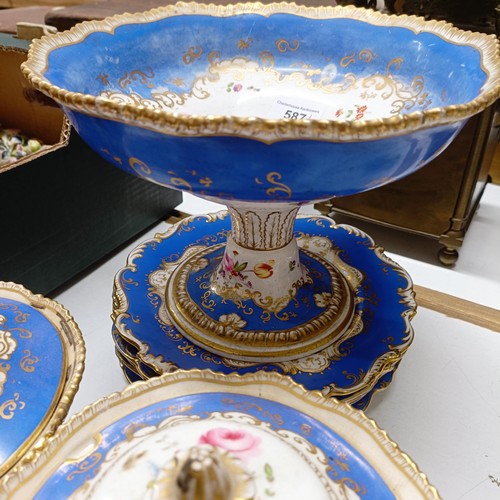 587 - A 19th century bowl on stand with a blue border, decorated flowers, highlighted in gilt, and other s... 