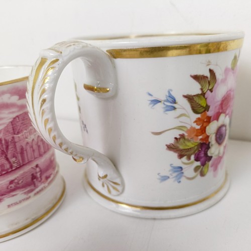 586 - A 19th century floral encrusted vase and cover, 21 cm high, various losses, and three mugs (4)