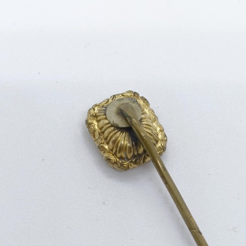 792 - A yellow coloured metal and red stone seal fob, converted to a stick pin