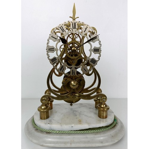 884 - A skeleton clock, the silvered dial fitted a single fusee movement, on a marble base under a glass d... 