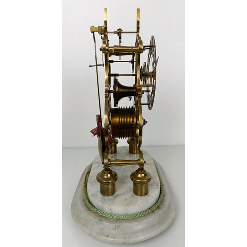 884 - A skeleton clock, the silvered dial fitted a single fusee movement, on a marble base under a glass d... 