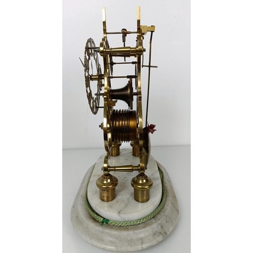 884 - A skeleton clock, the silvered dial fitted a single fusee movement, on a marble base under a glass d... 