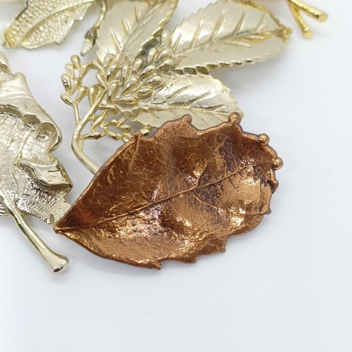 801 - A gilt metal leaf brooch, and four others (5)