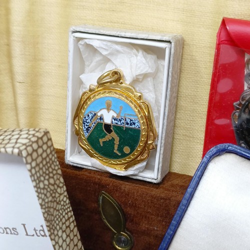 805 - A silver gilt sporting medal, cased, other medals, badges, and costume jewellery (box)