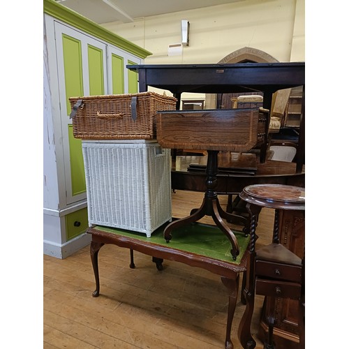 1068 - A rosewood work table, 34 cm wide, a hamper, stencilled F&M, a Lloyd Loom type bin, a coffee tab... 