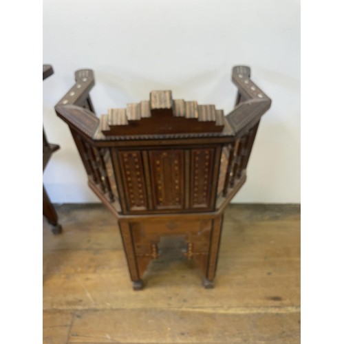 950 - A pair of Syrian hardwood chairs, parquetry and mother of pearl inlaid (2)