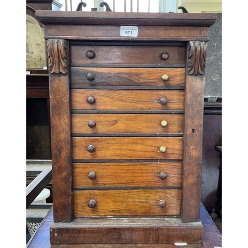 971 - A 19th century walnut Wellington chest, 54 x 33 cm,in need of restoration, and the contents, assorte... 