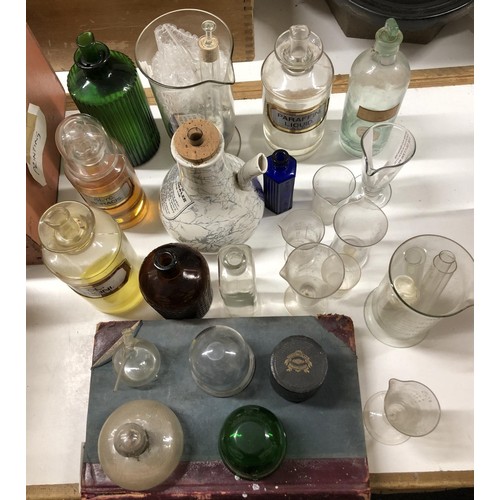 861 - A Dr Nelsons improved inhaler, assorted glass chemical bottles and beakers, and a vintage prescripti... 